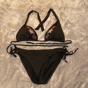 Arizona Black Pink Floral-Embroidered Bikini Top and Bottom Set - Juniors Med
